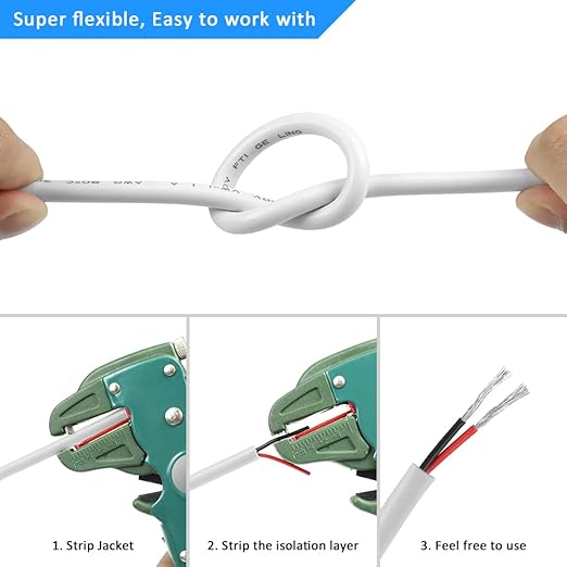 DEKIEVALE 16 Gauge 2 Conductor Electrical Wire, 16.4FT White Stranded Low Voltage 16/2 Cable PVC Case, 16 AWG Tinned Copper 2 Wire Extension Power Cable for LED Lamp Lighting, Automotive