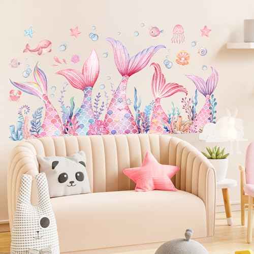 Mermaid Tail Wall Stickers, Sunoyar Colourful Mermaid Foam Wall Decals for Girls Kids, Removable Sea Marine Theme Mural Decor for Daycare Bedroom Bathroom (Pink)