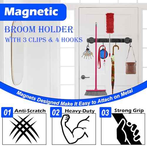 Strong Magnetic Mop Broom Holder, 1 Set Heavy Duty Magnetic Mop Hanger with 4 Hooks, Magnet Tool Hanger Wall Mount Storage Rack Organize System for Refrigerators Workshop Laundry Garage Kitchen