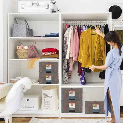 3 Pack 22L Foldable Clothes Storage Bins Box Stackable Steel Frame Closet Containers Organizer with Clear Windows Linen Fabric Bags for Beddings/Quilt