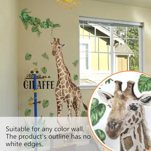 Large Giraffe Wall Decals Boho Sun Tropical Green Leaves As Tall As a Giraffe Wall Stickers for Boys Bedroom Toddler Room Nursery Daycare Classroom Wall Decor