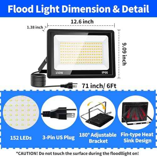 150W LED Outdoor Flood Lights with Plug, 18000lm Bright Work Light with 6ft Cord, 5000K Daylight White Exterior Floodlight, IP66 Waterproof Security Light Yard Lights for Garage Stadium 2 Pack