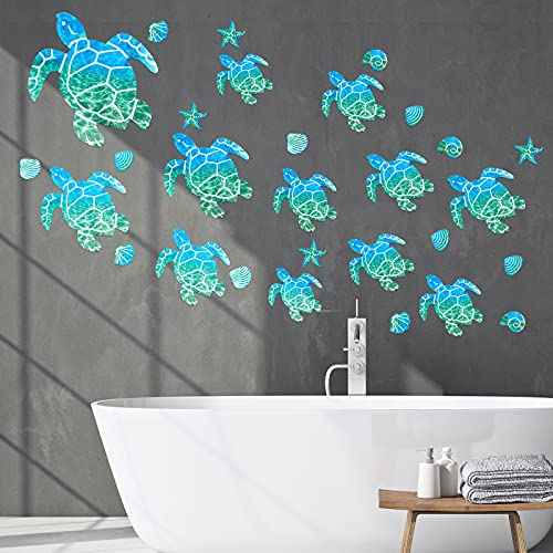 Outus 46 Pieces Sea Turtle Wall Decals Ocean Turtle Vinyl Stickers Underwater Bathroom Decals Starfish Shell Wall Sticker Waterproof Ocean Sticker Decoration for Home Office Nursery Bathroom Toilet