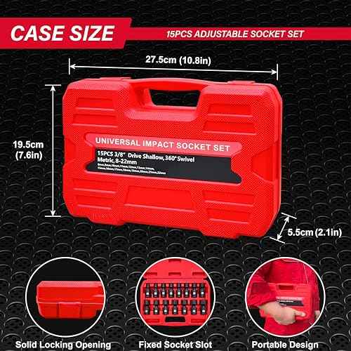 Universal Swivel Impact Socket Set, Premium Cr-Mo Steel | 15-Piece Metric 8mm - 22mm Set | 6 Point | 3/8-Inch Drive