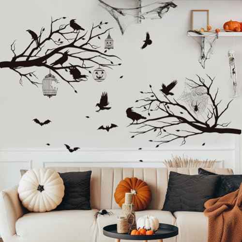 Halloween Wall Decals Black Tree Branch Wall Stickers Gothic Crow Stickers Mural Halloween Party Decorations Peel and Stick Wall Art for Bedroom Living Room