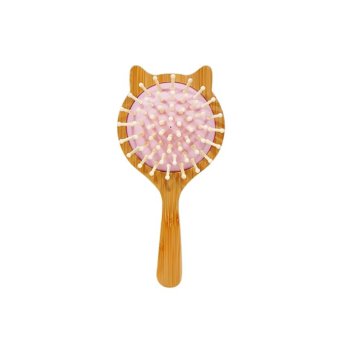Cute Cat Shape Pink Mini Bamboo Hair Brush - Kids Travel Hairbrush with Air Cushion, Anti-Frizz Detangler for Girls (Adorable Kitten Design)