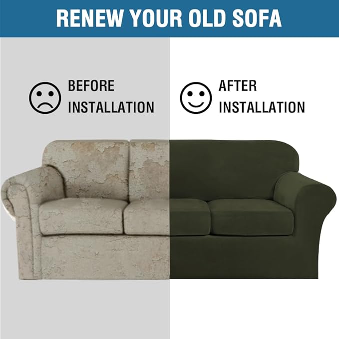 H.VERSAILTEX High Stretch Sofa Slipcover 4 Piece Cover Velvet Furniture Protector Form Fit Thick Velvet Extra Large Sofa Cover for 3 Cushion Couch Width Up to 97 Inch (Large Sofa, Olive)