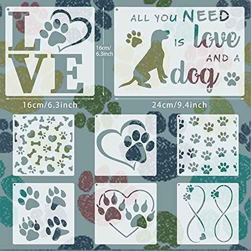 Outus 11 Pieces Dog Paw Print Stencils Trail of Paw Prints Stencil Love Dog Reusable Painting Templates with Metal Open Ring for DIY Scrapbooks Painting on Wood Wall Home Supplies