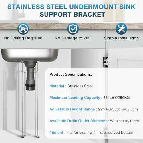 IRONWALLS Undermount Sink Brackets Adjustable, 22" to 34.8" Stainless Steel Under Mount Sink Support Brackets, Kitchen Bathroom Sink Support Legs, Under Sink Support Pole, Sink Repair System