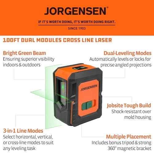 JORGENSEN Laser Level with Tripod, 100 FT Dual Modules Self Leveling Cross Line Laser Leveler Tool with 360¡Æ Magnetic Base, Green Laser Level for Picture Hanging, Tile, Home Renovation, Indoor Project