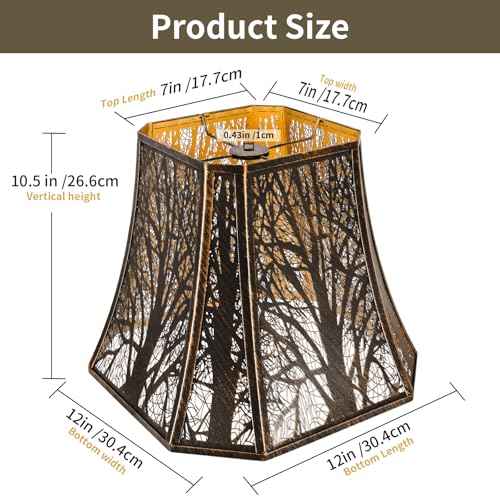 Square Cut Corner Metal Lamp Shades, 7" Top x 12" Bottom x 10.5" High Medium Bell Lampshade (Spider Fitter), Etched Forest Lampshades for Table Lamps and Floor Lamps, Bronze Gold Tree Pattern