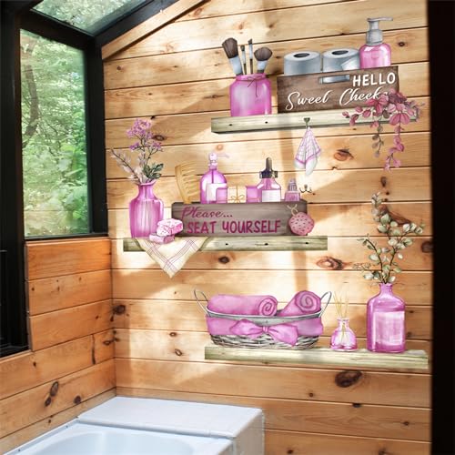 Pink Towel Shelf Wall Stickers, sacinora Cosmetic Brush Organizer DIY Wall Decals Removable Vinyl Peel and Stick for Girls Women Bathroom Restroom Toilet Art Home Decoration