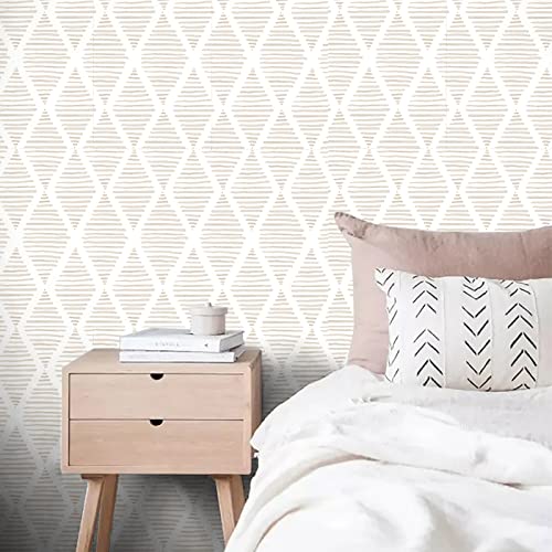 Yun-aeon 17.7" X 120" White and Beige Stripe Peel and Stick Wallpaper Modern Diamond Contact Paper Geometric Removable Wallpaper Self Adhesive Wall Paper for Bedroom Drawers Cabinets Decor Vinyl