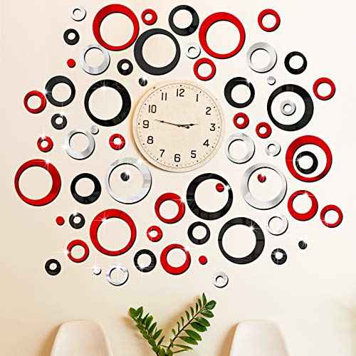 Outus 72 Pieces Wall Stickers Decor Acrylic Circle Mirror Removable Red and Black Wall Decor Round Dots Bulk DIY Red Living Room Decals Modern Art Murals for Home Bathroom Bedroom Decoration