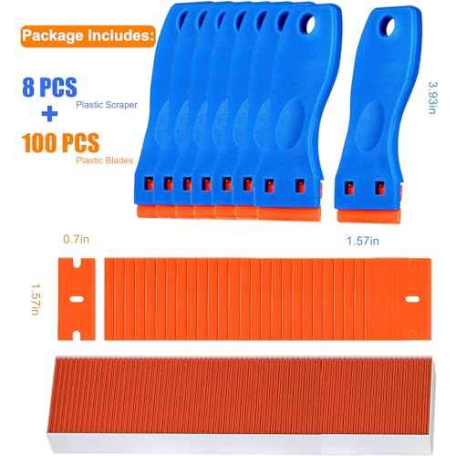 8 Pcs Plastic Razor Blade Scraper and 100 Pcs Blades, Remove Label Decal Tool£¬ Forwithout Scratches Plastic Razor Blade Scraper, Adhesive Remover for Stickers, Kitchen Appliances and Paints on Window