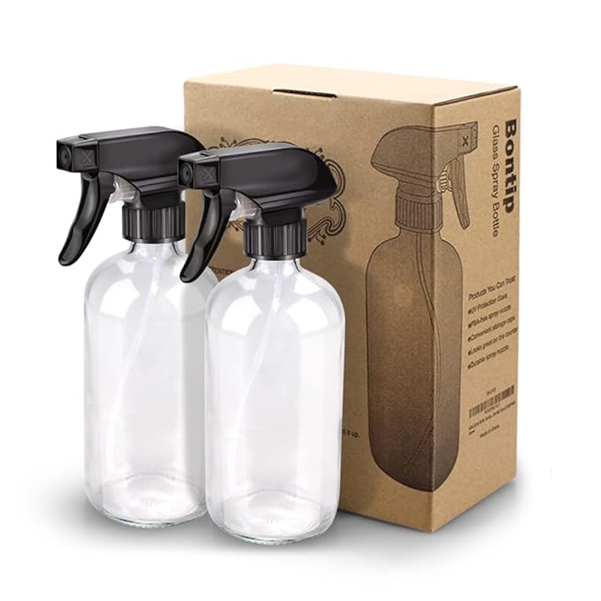 Bontip Glass Spray Bottle, Clear Glass Spray Bottle Set & Accessories Refillable for Plants Window Cleaners Aromatherapy Facial Hydration Watering Flowers Hair Care (2 Pack/16 oz) (Transparent)