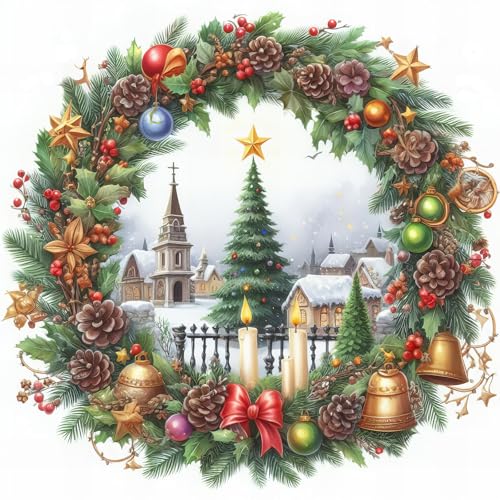 Christmas Wreath Wall Decal ? Classic Holiday Candle & Church Scene Sticker with Bells, Pinecones & Ornaments, Removable Vinyl Winter Wall Decor for Living Room, Window, Fireplace & Door Decoration