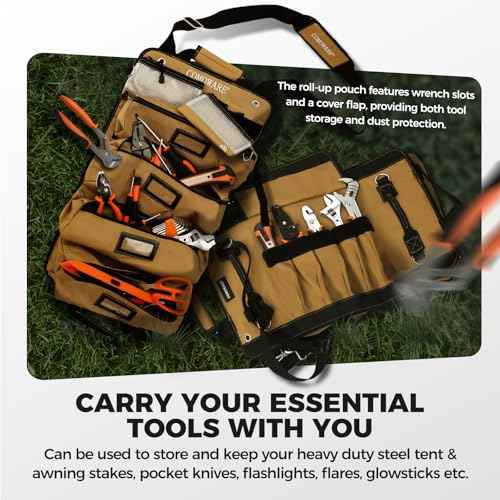 COMOWARE Roll Up Tool Bag, 600D Oxford PVC Coated Tool Organizer with 11 Pouches, 5 Exterior Wrench Pockets & Adjustable 51.2" Shoulder Strap for Mechanics, Plumbers, Camping, Motorcycle