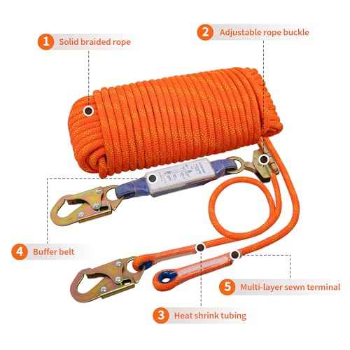 Fall Protection Safety Rope 25ft Heavy Duty Vertical Roofing Grab Snap Hook Shock Absorber Fall Protection Line Kit Restraint System Roofing Safety Equipment(25FT)