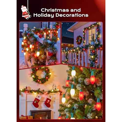 C9 LED Christmas Lights Outdoor, 50 FT 50 Red and Warm White Connectable C9 String Lights for Christmas Tree Patio Roofline Garden Backyard Holiday Party Indoor Outdoor Decoration, Green Wire