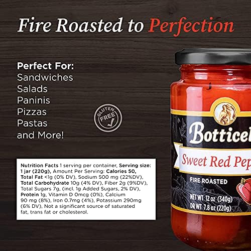 BOTTICELLI Fire Roasted Sweet Red Peppers, No Sugar Added,Gluten Free, Ready to Use, Rich & Smoky Flavor for Pasta, Sandwiches & Sauces (2-Pack, 12 oz Jars)