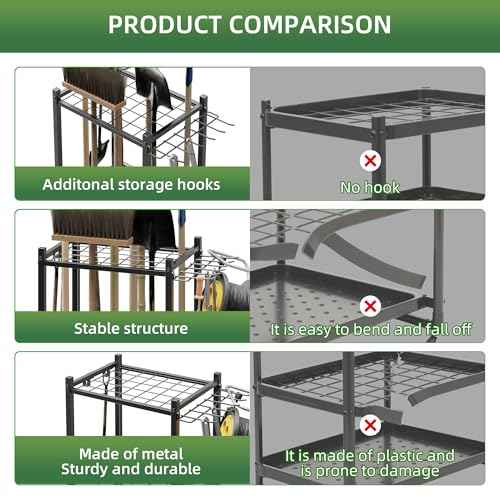 Garden Tool Organizer Stand with Wheels,Yard Tool Organizer for Garage with 2 Hooks, Rack Up to 42 Tools,Broom Holder & Garden Tool Rack for Shed, Patio, Outdoor Use