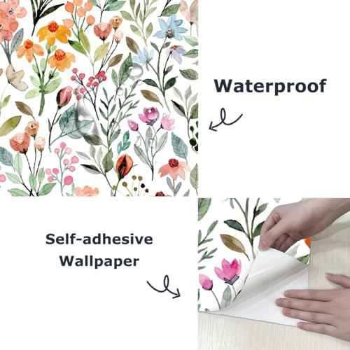 GaliGali Peel & Stick Wallpaper, Watercolor Floral Self-Adhesive, Contact Paper for Bathroom Walls & Cabinets, Vinyl Waterproof, 17.3" x 118", NO.WA05004H-3