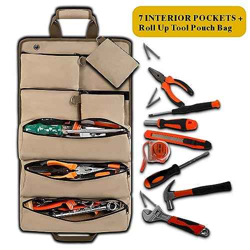 Heavy Duty Portable Soft Tool Storage Organization,Tool Bag with Detachable Pouches for Mechanics, Wall/Car Mountable, Foldable Rollup Organizer for Mechanics & Electricians