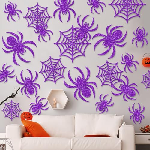 24Pcs Halloween Decorations 3D Spider Scary Wall Decor Stickers Purple Glitter Spider Web Window Decals Spooky Halloween Party Decorations for Indoor Home Room Wall Decoration