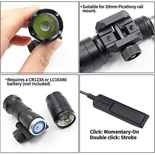Tactical Picatinny Flashlight M300A Mini Light LED Whitelight with Strobe Weapon Light with Pressure Switch Tactical Flashlight 400 Lumens, Black