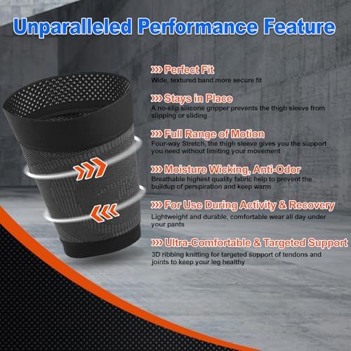 Thigh Compression Sleeves (Pair), Unisex, Hamstring Compression Sleeve for Quad & Groin Pain Relief & Recovery, Thigh Brace & Wrap Great for Running Sports & Injury, Upper Leg Sleeves Black L