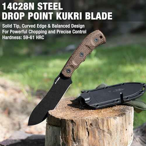 FLISSA Fixed Blade Knife with Sheath, 4.7" Full Tang Hunting Kukri Knife with 14C28N Steel Blade, G10 and Linen Handle, Rope Cutter for EDC Outdoor Hiking, Survival, Camping