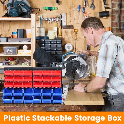 MaxWorks 80694 30-Bin Wall Mount Parts Rack/Storage for your Nuts, Bolts, Screws, Nails, Beads, Buttons, Other Small Parts,Blue and Red