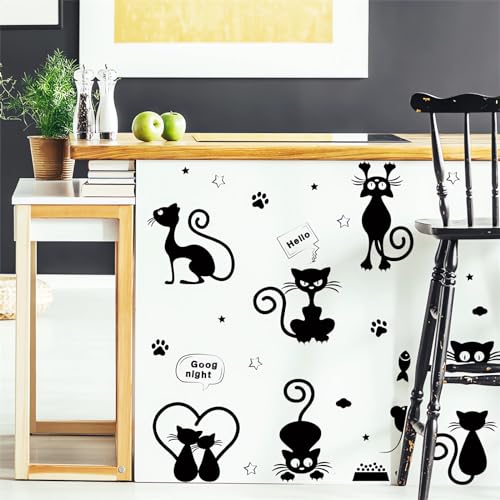 Cute Black Kittens Wall Stickers, sacinora Cat Paw Print Star Cloud DIY Wall Decals Removable Vinyl Peel and Stick for Bedroom Nursery Study Room Playroom Furniture Step Art Home Decorations