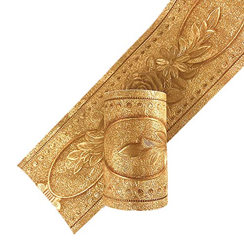 Simplemuji Self Adhesive 5 Meters Gold Peony 3D Peel and Stick Waterproof Wall Border Easy to Apply 4 Inch by 16.5 Feet