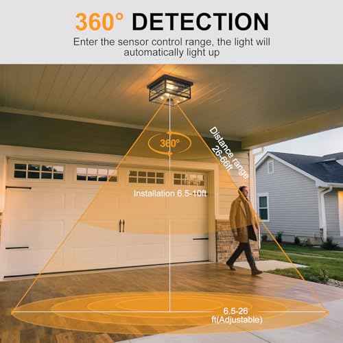 Upgraded Outdoor Ceiling Lights with Motion Sensor and Remote, Flush Mount Ceiling Light Fixture with 4 Lighting Modes, Squares Black with Clear Glass for Porch Patio Entryway Garage Farmhouse