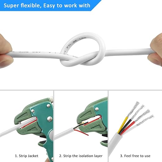 DEKIEVALE 16 Gauge 4 Conductor Electrical Wire, 32.8FT White PVC Stranded Tinned Copper 4 Wire Cable, 16/4 Cord Extension Cable for LED Lamp Lighting, Automotive, Speaker, Power etc.
