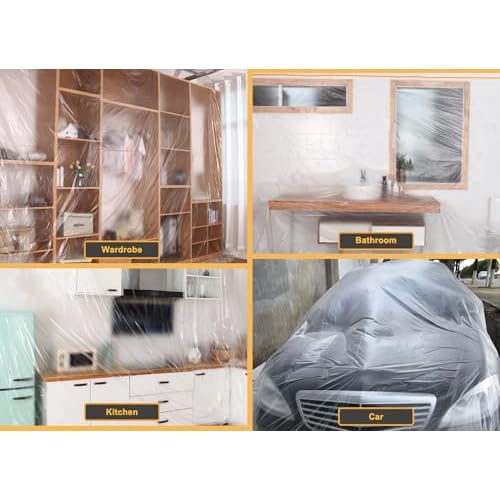 Muf 5 x 65 Feet Plastic Drop Cloth Plastic Sheeting with Masking Tape,Waterproof Protective Masking Film,Prevent Dust Paint for Car,Furniture,Carpet,Floor,1 Pack