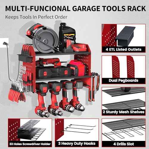 Lisgicabin Power Tool Organizer Wall Mount, 3-Layer Charging Station with 4 Outlets, Heavy Duty Drill Storage Rack with 4 Drill Holders & Drill Bit Rack, Efficient Storage for Garage & Workshop (Red)