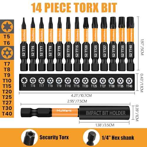 Mulwark 1" Torx Bits Set, 14 Pieces (T5-T40) ? S2 Steel Security Torx Socket Bits with Magnetic Holder