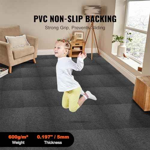 VEVOR Carpet Tiles Reusable, 20"x 20" Carpet Squares with Padding Attached, Soft Padded Carpet Tiles, Easy Install DIY for Bedroom Living Room Indoor Outdoor (20 Tiles, Dark Gray), (55.5 sqft/Box)