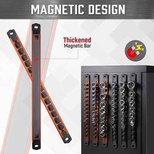 ALOANES 3PC Magnetic Tool Organizer, Heavy Duty Aluminum Rails with 360 Swivel Clips, 3/8-Inch Socket Organizer x 42 Clips (Orange)