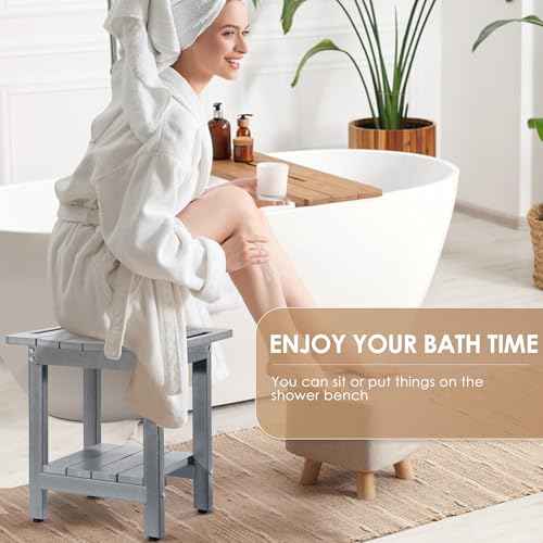 HDPE Shower Bench for Inside Shower ? Waterproof, Durable Shower Chair and Stool for Adults ? Complete with Storage Shelf & Adjustable Feet ? Supports 300 lbs for Bathroom & Bathtub, Gray