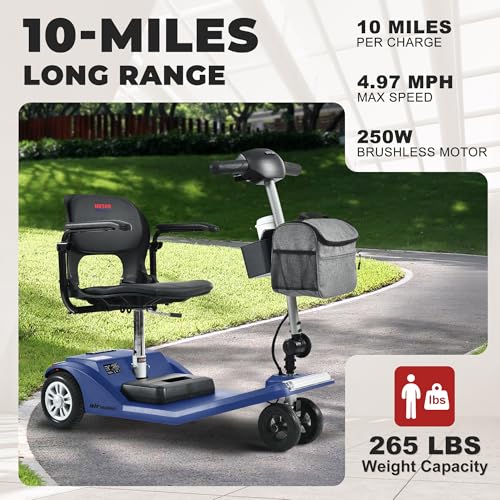 Metro Mobility Powered Mobility Scooters, 4 Wheel Mobility Scooters for Adults 265 lbs Folding Mobility Scooter Lightweight Headlight Electric Scooters for Seniors 10 Miles with USB Charger Port Blue