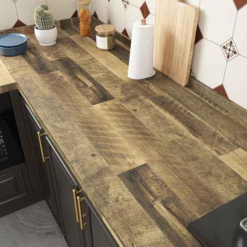 WESTICK Brown Wood Counter Top Peel and Stick Waterproof Wood Contact Paper for Countertops Self Adhesive Wooden Wallpaper Rustic Wooden Vinyl Countertop Wrap for Tables Kitchen Cabinets 15.8" x 78"