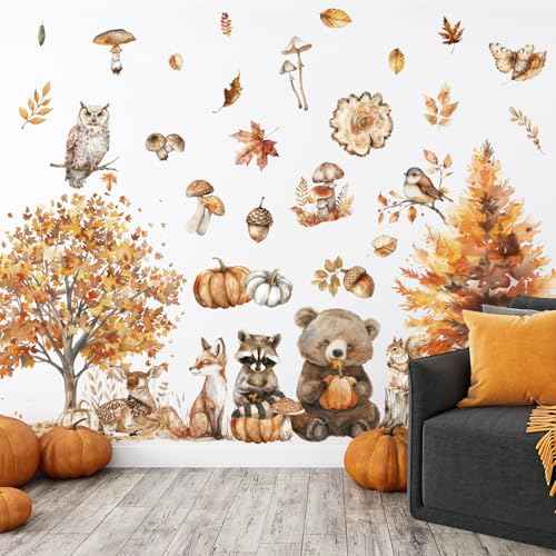 6 Sheet Fall Woodland Animal Wall Decals Autumn Forest Animal Maple Tree Mushroom Wall Cling Stickers Reusable for Thanksgiving Party Home Glass Window Decor