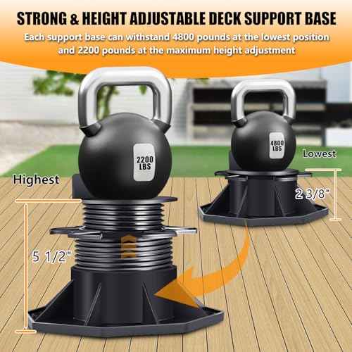 12Pack Adjustable Deck Support Pedestal Deck Foundation Base Support£¬Used for Floating Deck Platform Deck Floor Height Adjustment Raising, Adjustment Raising from 2-3/8" to 5-1/2", Black
