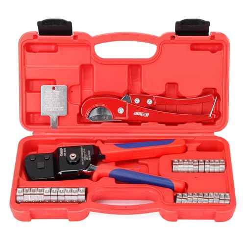 iCrimp One-Hand Crimping Tool Meets ASTM F2098, PEX Clamp Cinch Tool Kit with 20PCS 1/2-in, 10PCS 3/4-in PEX Clamps and Pipe Cutter- All in One
