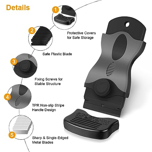 Ainiv Razor Blade Scraper, 2-in-1 Scraper Tool with 10PCS Metal Blades and 10PCS Plastic Blades, Multi-funtional Cleaning Razor Scraper for Stickers, Labels, Caulk, Adhesive, Paint Removal (2 Pack)