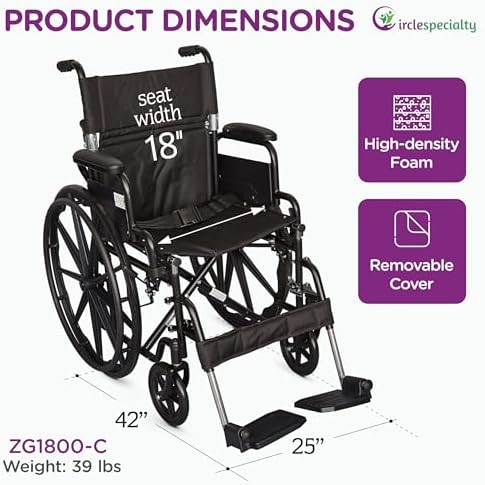 Ziggo 18” Seat Width Pediatric Wheelchair for Kids & Children, Lightweight, Manual Folding Wheelchair w/Safety Belt, Swing-Away Foot Support w/Straps, Desk Length Arm Rests, Free Cushion Accessory